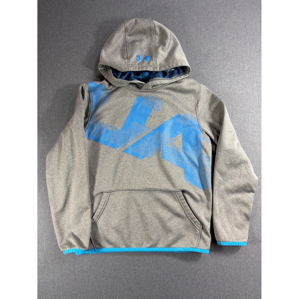 Under Armour Boys ColdGear Hoodie Gray Blue Graphic Logo Sweatshirt Size Medium